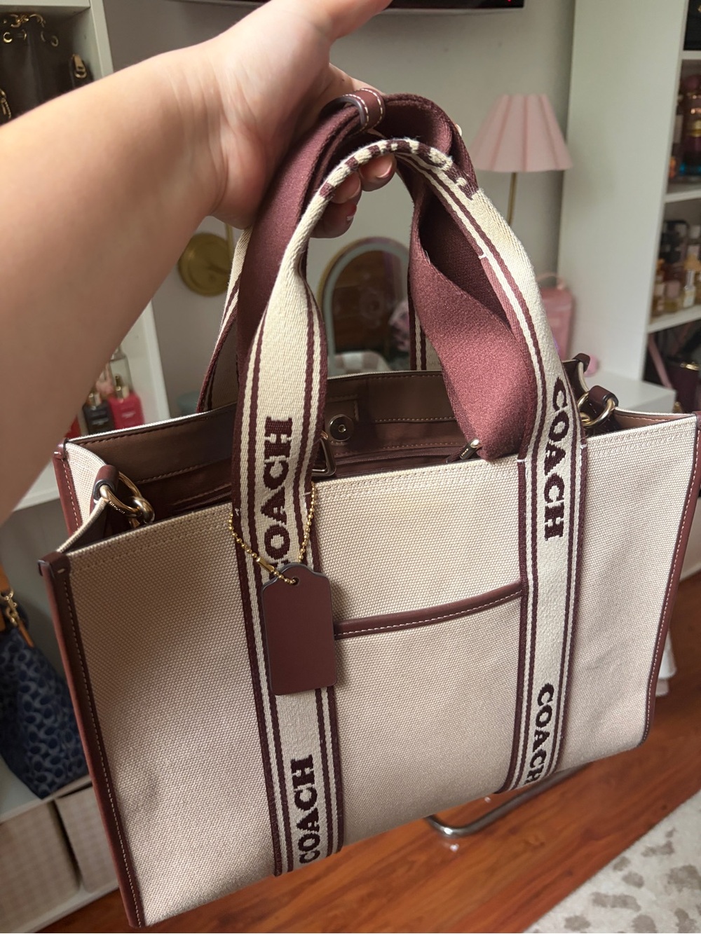 Coach Canvas Smith Tote in Cream with Brown Trim